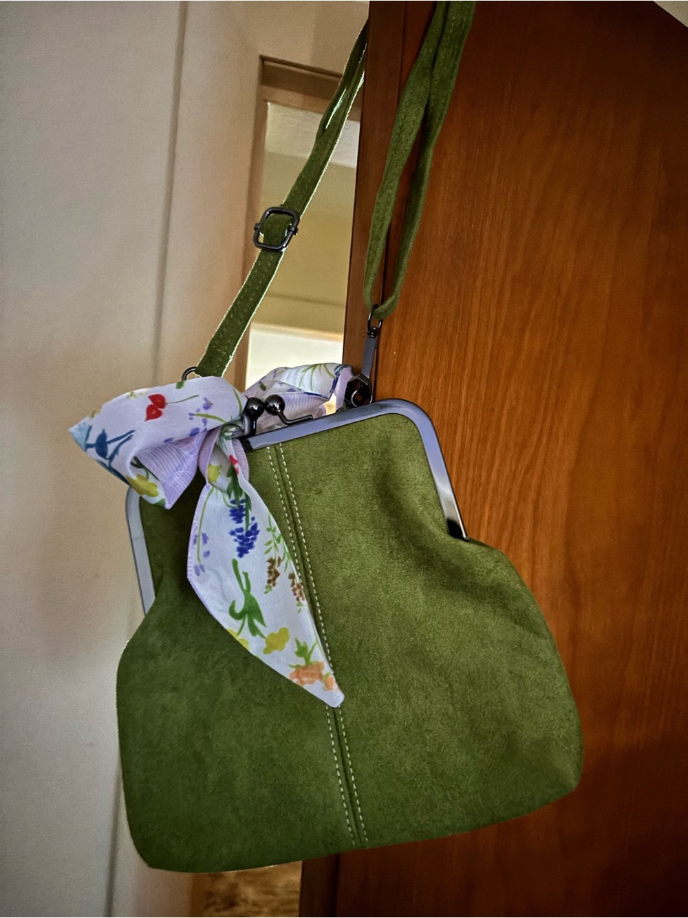 Green Suede Shoulder Bag with Floral Scarf brand new